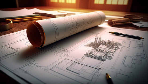 Architect rolls and architectural plan, technical project background, Ai generated image