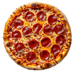 Pepperoni pizza top view isolated on transparent background