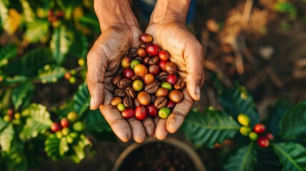 A pair of hands are holding a variety of ripe and unripe coffee cherries freshly picked, with coffee plants in the background.