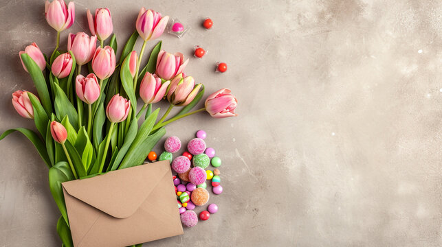 Beautiful flowers with envelope and candies