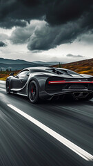 A charcoal grey supercar with dynamic lines on an open highway under stormy skies
