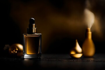 Obraz na płótnie Canvas masculine black and golden perfume spray flacon presentation , minimalim and elegance