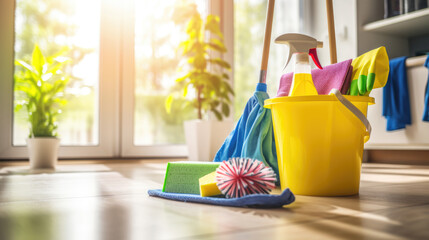 Cleaning supplies, including a yellow bucket, mop, various cleaning liquids