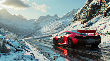 A cherry red supercar driving along a snowy mountain pass