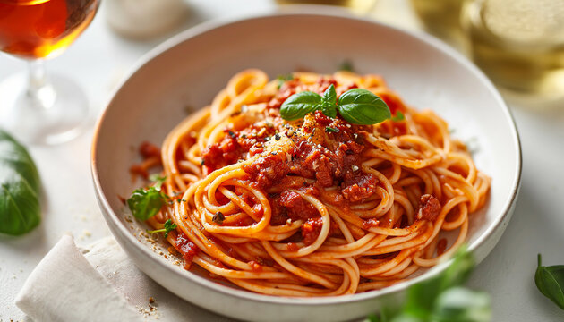 tasty italian spaghetti pasta bolognese with tomato sauce, cheese and basil, close up