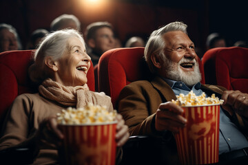 Senior woman and man watching cinema with popcorn	