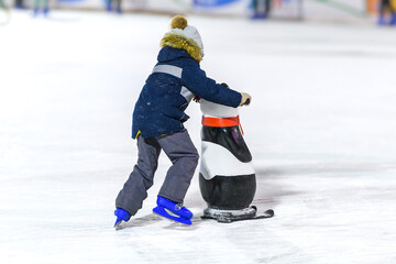 Boy in warm clothes  learning ice skating with helper on ice rink. Winter day at the skating rink.