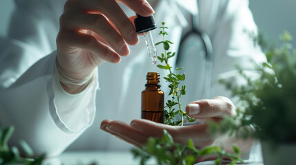 Close-up of a person's hand holding a dropper bottle and extracting a liquid, possibly essential oil, against a backdrop of green plants, indicating a setting that might be related to natural medicine - obrazy, fototapety, plakaty