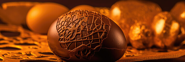 chocolate easter eggs on a yellow background. Banner
