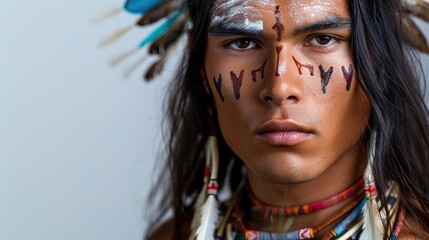 A young individual with traditional indigenous face paint and headdress is looking intently at the camera.