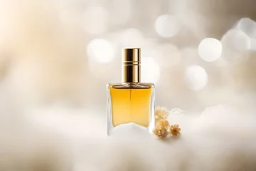 Fotobehang precious and delicate perfume presentation , white and golden  shiny background © eric