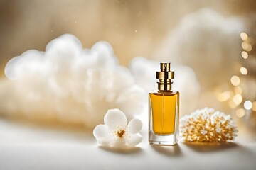 classy and delicate perfume presentation , white and golden  shiny background