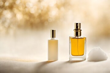 Naklejka premium classy and delicate perfume presentation , white and golden shiny background