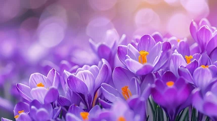 Deurstickers Spring background with Flowering violet Crocuses flowers in Early Spring. Crocus blossom , banner © YauheniyaA