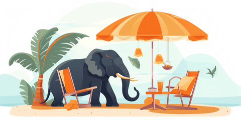 Illustration Elephant Relax On A Beach In Sun