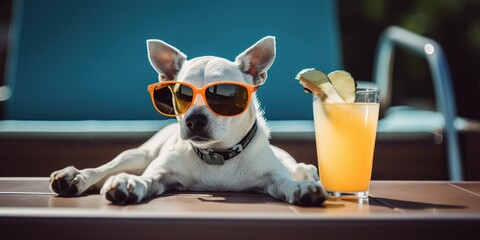Funny Dog In Sunglasses With An Alcoholic Cocktails Relaxing By Pool - obrazy, fototapety, plakaty