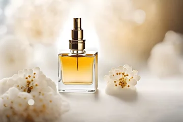 Fotobehang perfume spray bottle in  bright and shiny  blurry background , delicate cosmetics branding © eric