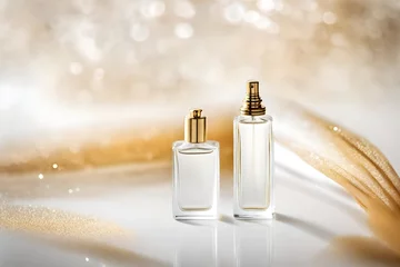 Fotobehang perfume spray bottle in  bright and shiny  blurry background , delicate cosmetics branding © eric