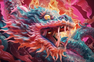 Obraz premium a colorful close-up macro drawing illustration of an angry cyan monster dragon with sharp teeth and scary eye representing the chinese lunar new year