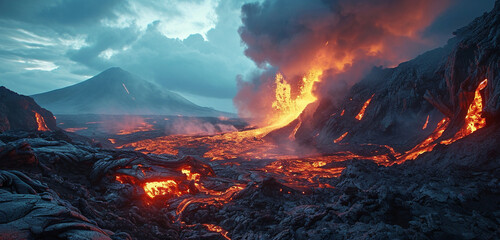 A dramatic volcanic landscape with lava flows and plumes of smoke - obrazy, fototapety, plakaty