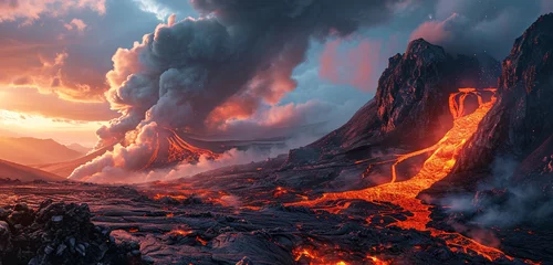 Tuinposter Toilet A dramatic volcanic landscape with lava flows and plumes of smoke