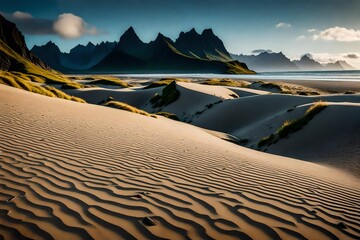 Sand dunes on the Stokksnes on southeastern Icelandic coast with Vestrahorn (Batman Mountain). Iceland, Europe.   - obrazy, fototapety, plakaty