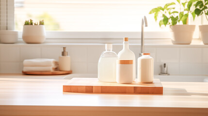 Fototapeta na wymiar Various cleaning products on a wooden tabletop near a window in a bright home interior, bathroom or kitchen