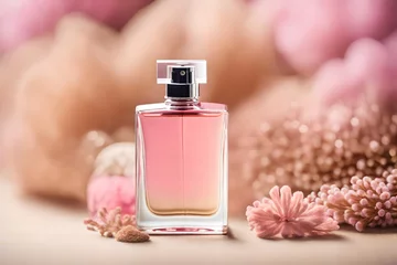 Fotobehang soft and delicate pink perfume with smooth blurry floral background , feminine cosmetics concept  © eric