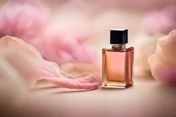 Fotobehang soft and delicate pink perfume with smooth blurry floral background , feminine cosmetics concept  © eric
