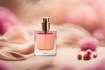 Fotobehang soft and delicate pink perfume spray concept with smooth blurry floral background , feminine fragrance  © eric