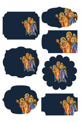 Religious bright gift tags with Archangels in Byzantine style on white background