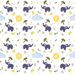 Seamless pattern with cute animals, elephant, colorful kids background. Textured illustration, hand drawn. For clothes, packing, wallpaper and other.