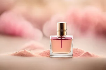 Fotobehang soft and delicate pink perfume  flacon presentation with smooth blurry floral background , feminine fragrance  © eric