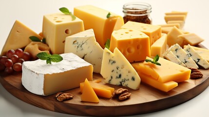 Assortment of cheeses. Various types of cheese on round wooden board white background. Cheese platter.