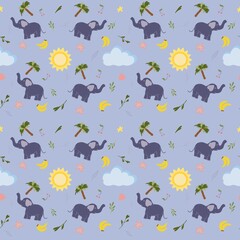 Seamless pattern with cute animals, elephant, colorful kids background. Textured illustration, hand drawn. For clothes, packing, wallpaper and other.