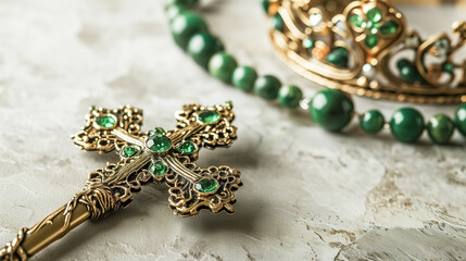 Bishop St. Patrick's vestment, headdress and gold cross with green precious stones. Holiday St. Patrick's Day Background