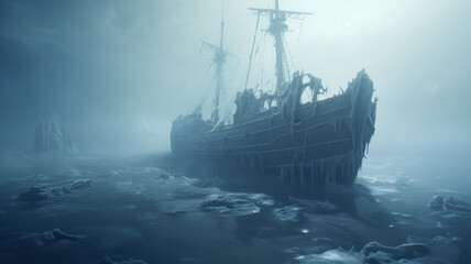 A ghostly shipwreck emerging from the fog in turbulent, icy waters.