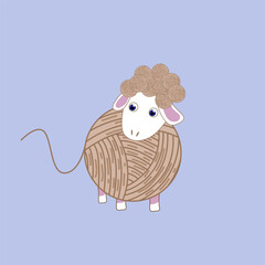Yarn sheep. A ball of woolen thread. Funny cartoon sheep. Can be used as a logo, as an illustration for various materials related to knitting and handmade hobbies 