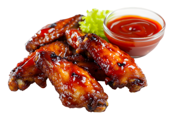 Spicy chicken wings with red sauce isolated on transparent background