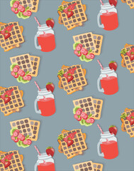 Seamless pattern with smoothie and waffles on the blue background