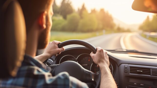 A man is driving along a road during a sunny day, focusing intently on the path ahead.