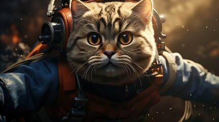 A cat wearing an astronaut helmet and spacesuit