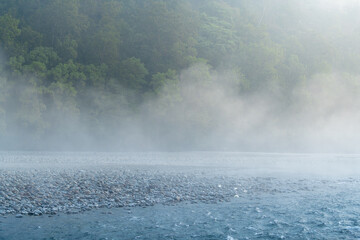 Ramganga riverbed on a misty winter morning at Jim Corbett National Park, Uttarakhand, India