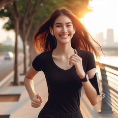 a young women in black happily jogging in the morning