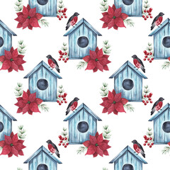 Birdhouse with a bullfinch. Winter, poinsettia. Watercolor pattern