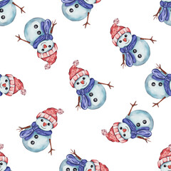 Cute snowman. Watercolor pattern on white background