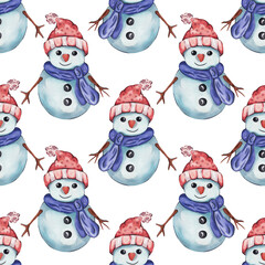 Cute snowman. Watercolor pattern on white background