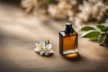 perfume spray flacon in minimalist blurry garden background, relaxing and elegant