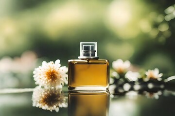 tiny and minimalist perfume flacon on soft blurry floral background