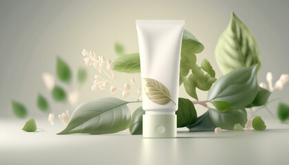 Beauty skincare cream in empty clean tube mockup on green leaves background, organic cosmetic product. Horizontal background with copy space.